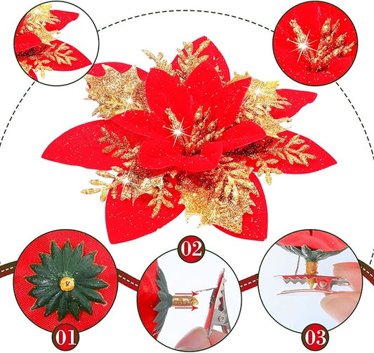 24 Christmas Glitter Artificial Poinsettia Flowers Xmas Poinsettia Artificial Wedding Flowers Decorations Xmas Tree Ornaments with Clips for Party Favors, 6 Inch, 4 Inch, 3 Inch (Red and Gold)