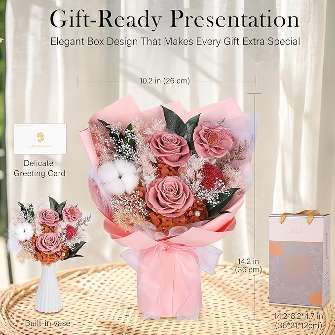 Preserved Bouquet of Flowers - Flesh Forever Flowers for Delivery, Real Eternal Roses Bouquet for Mother Mom, Wife Anniversary Birthday Gifts for Women, Carnation Pink