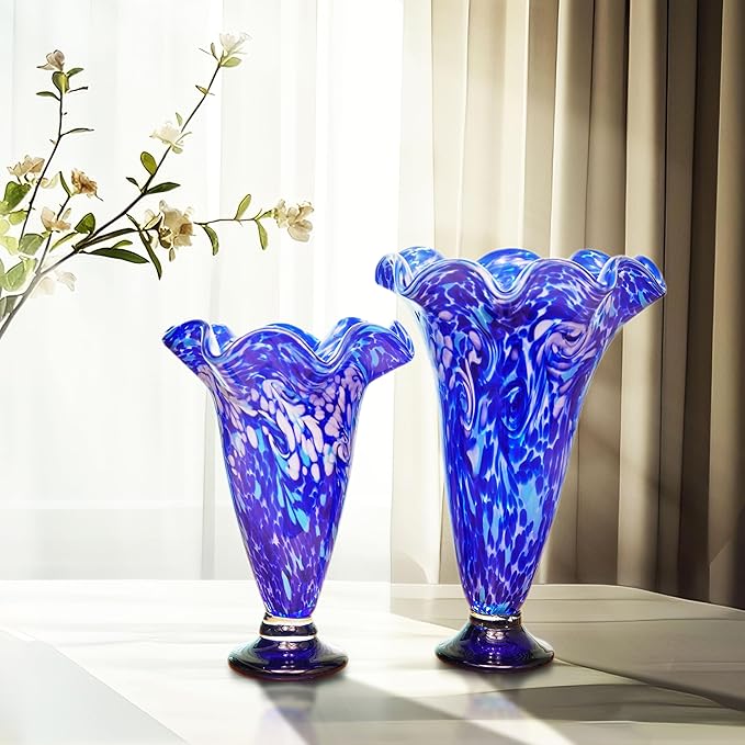 Luxury Lane Hand Blown Cobalt Blue Confetti Art Glass Flower Vase for Home Decor 12 inch Tall Centerpiece Table Decoration