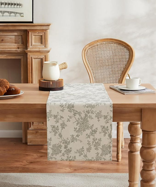100% Cotton French Pastoral Table Runners, 13x36 Inch Green Farmhouse Table Runners 36 Inches Long, Vintage Flowers Print Home Decors