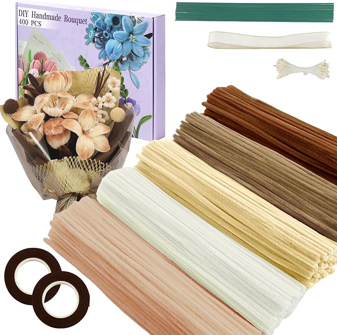 400 Pcs Pipe Cleaners Craft,5 Assorted Colors Pipe Cleaners Bulk, Chenille Stems for DIY Flower Making Kit with Floral Wires, Gardening Tape,Stamen& Ribbon (Brown)