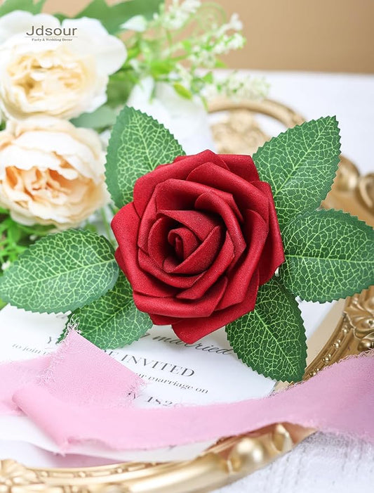 50pcs Artificial Flower,Real Touch Foam Roses w/Stem DIY for Wedding Bouquet Centerpieces Party Shower Home Decor-Dark red