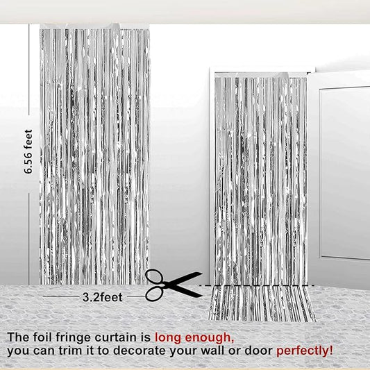 2 Pack 3.28 ft x 6.56 ft Silvery Tinsel Curtain Party Backdrop Decorations, Metallic Foil Fringe Backdrop Door for Halloween, Christmas, Birthday Graduation Wedding Party Streamers Photo Backdrop.
