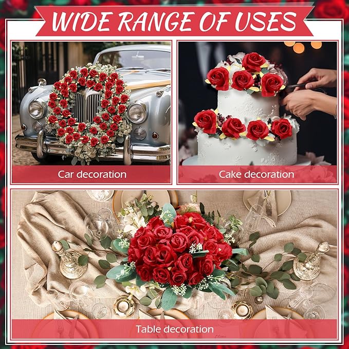 Zeyune 12 Pack Wedding Bridesmaids Bouquets 7 Inch Artificial Rose Bouquets Silk Flowers with Stems Fake Floral Bundles Bulk for Wedding Bridal Shower Party Centerpieces Home Decor(Red)