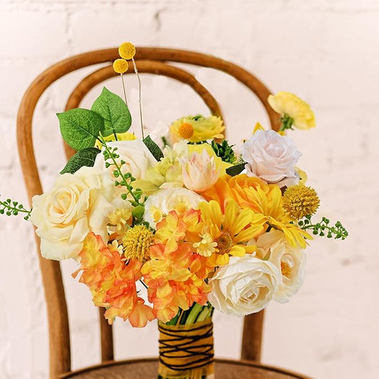 Artificial Flowers, Spring Summer Flower with Wire Stem, Fake Flowers for DIY Yellow Flower Box Wedding Bouquet Table Centerpieces Baby Shower Home Décor