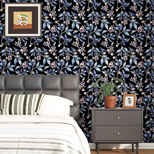 Dark Peel and Stick Wallpaper Vintage, Black Blue Leaf Removable Self-Adhesive Vinyl Contact Paper for Bathroom Bedroom Drawer Cabinet, Black Navy Gold Floral Design Retro Style 17.5" x 118"