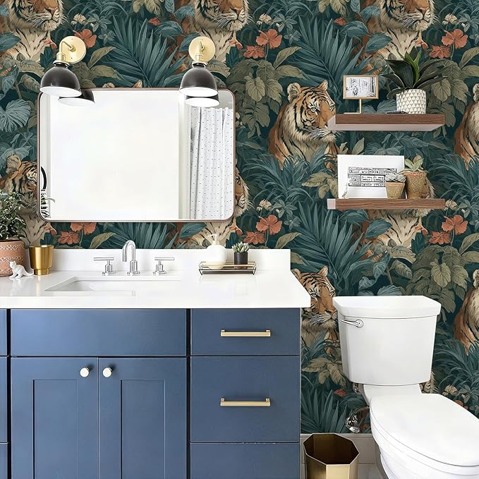 Jungle Peel and Stick Floral Bird Contact Paper Fierce Tiger Removable Botanical Leaf Wallpaper 17.7" x 118.11" Wall Paper Watercolor Self Adhesive for Classroom Bedroom Laundry Room Bathroom
