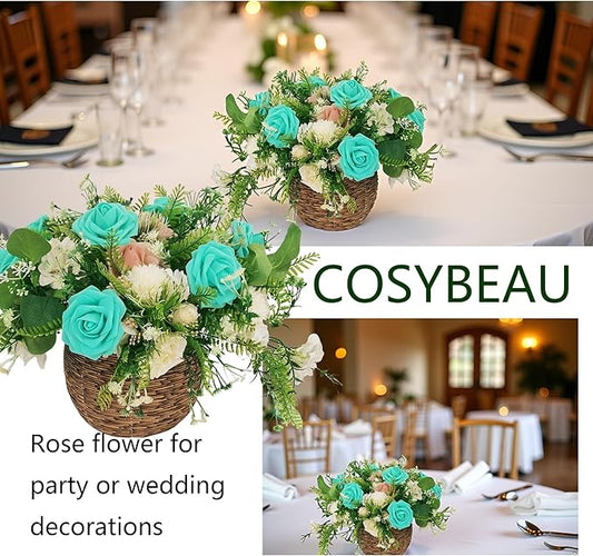 Artificial Rose Flowers 25pcs, Turquoise Blue Foam Fake Rose Faux Flower for Wedding Bouquets Bridal Shower Centerpieces Floral Arrangements Home Decorations Party Backdrops Table