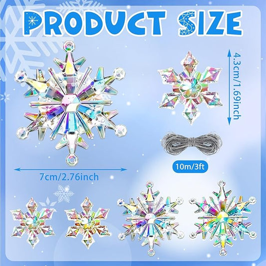 60Pcs Christmas Acrylic Snowflake Ornaments Winter 3D Translucent Snowflake Hanging Ornaments for Tree Crystal Iridescent Pendants with Rope for Holiday Party DIY Decor (Laser)