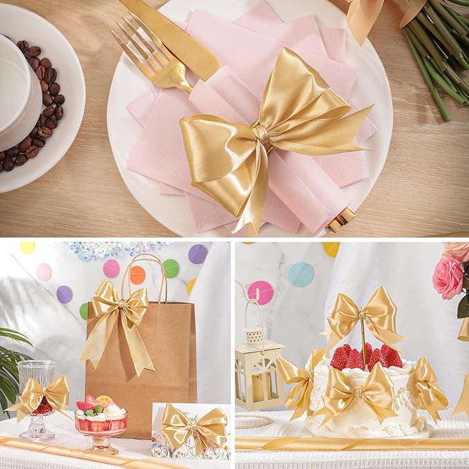 Gold Ribbon 1-1/2 Inch 60 Yards Gold Satin Christmas Ribbon Gift Bows for Gift Wrapping Floral Flower Bouquet Wedding Party Holiday Christmas Decorations