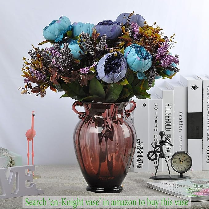 2pcs Artificial Peony Bouquets,19 Inch Silk Peony Bunch with 7 Faux Flowers,Classical Style Artificial Flowers with Leaves and Ornaments for Wedding,Home Décor Centerpieces(Blue)