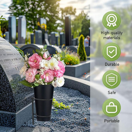 Metal Grave Vase Flower Holder with Spikes Metal Cemetery Vase Flower Holder in ground Decoration with Floral Foam Black for Memorial Markers, Graveside Decor Sign for Outdoor Yard Lawn