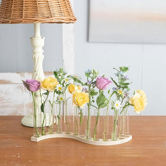Test Tube Vases for Flowers,Small Plant Propagation Station,S Shape Plant Terrarium with Wooden Stand(Light Wood)