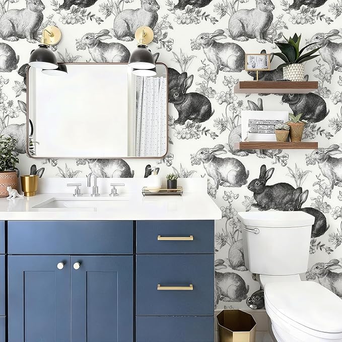 Floral Peel and Stick Vintage Animal Contact Paper Rabbit Removable Botanical Leaf Sketch Wallpaper 17.7" x 118.11" Wall Paper Self Adhesive for Classroom Bedroom Laundry Room Bathroom