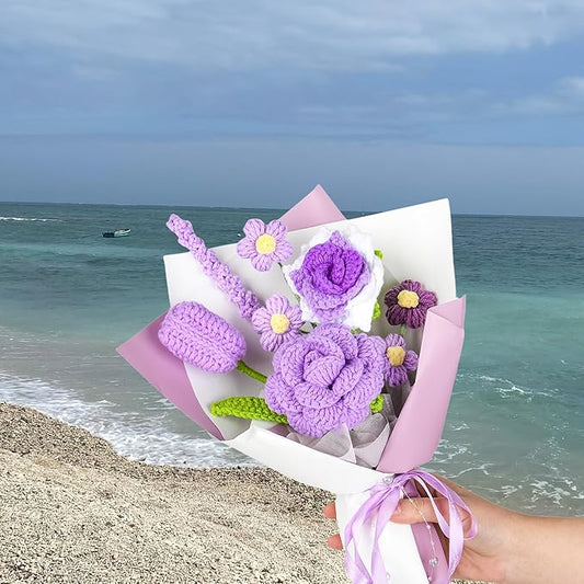 Crochet Flower Bouquet, Crochet Flowers Purple Tulip Rose Handmade Knitted Bouquet for Birthday Graduation Wedding Gift for Women Girlfriend Lover Wife Decor (Purple)