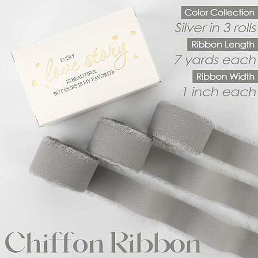 MEEDEE Silver Chiffon Ribbon 1 Inch Frayed Ribbons Gray Chiffon Silk Grey Fringe Ribbon Thin Chiffon Ribbons for Crafts, Gift Wrapping, Wedding Invitation (3 Rolls 21 Yards)
