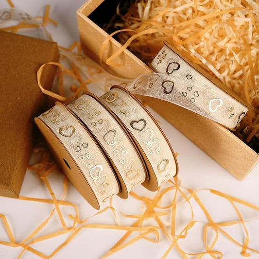 SAYUAN Gold Hearts Ribbon 5/8 Inch x 30 Yards Organza Ribbon with Gold Heart Pattern for Valentine's Day Birthday Christmas Gift Wrapping Handmade Crafts Floral Bouquet Wedding Party Decoration