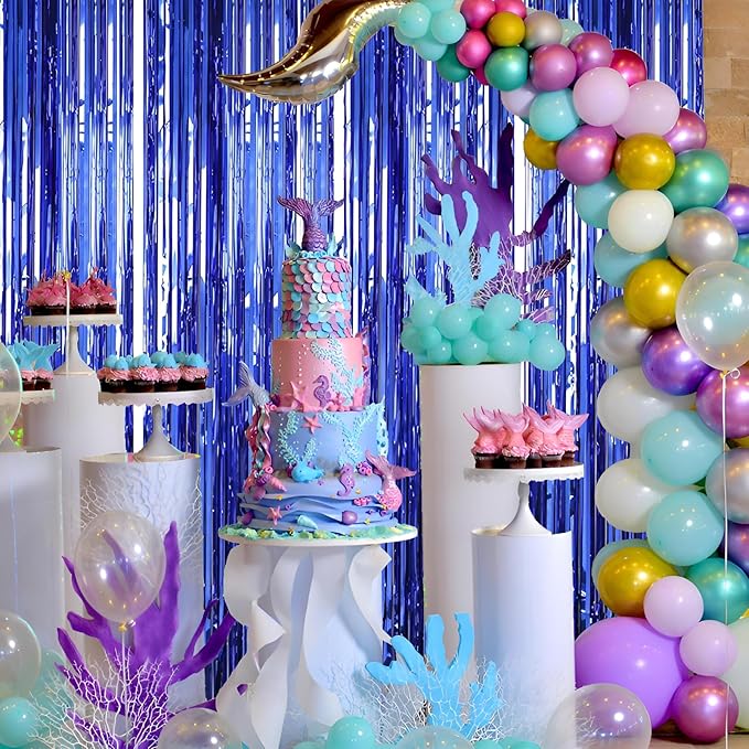 4 Pack 3.3 * 8.3 ft Foil Curtain Metallic Tinsel Fringe Curtains Photo Booth Props Backdrop for Birthday Wedding Engagement Baby Shower Christmas Holiday Celebration Party,Blue