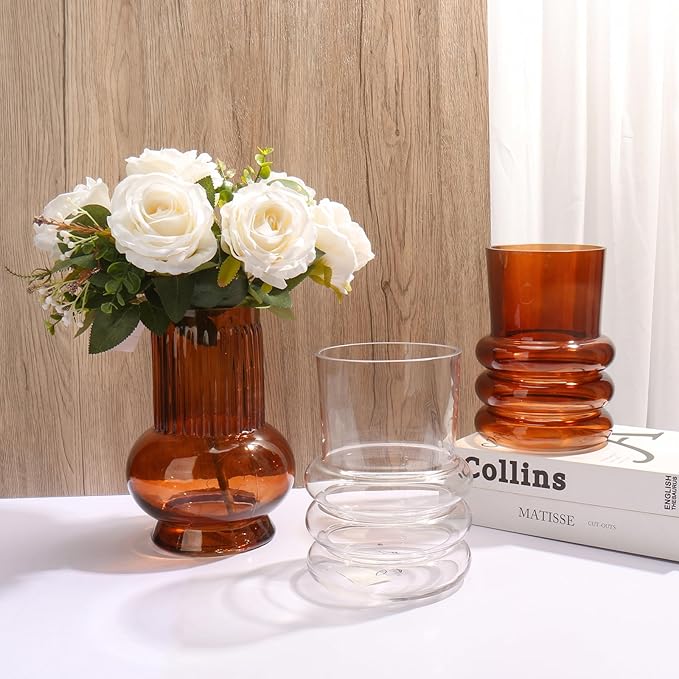 Amber Glass Flower Vase, 7" x 4.7" Thickened Hydroponic Flower Vase Modern Geometric Glass Vase for Home Living Room Wedding Centerpieces Office Table Decor