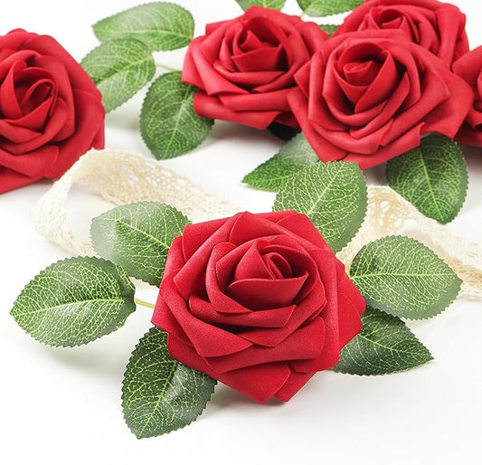 Mocoosy 50 Pcs Artificial Flowers Red Roses Bulk, Real Looking Fake Foam Roses with Stems DIY Wedding Bouquet Floral Arrangement Bride Shower Centerpieces Valentines Day Christmas Tree Decorations