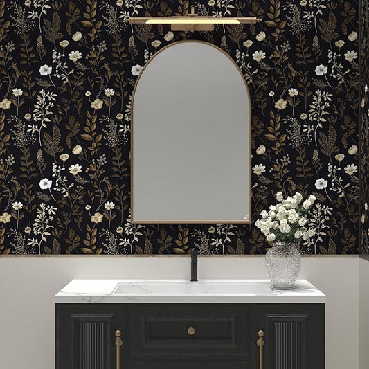 Extra Long Moody Floral Wallpaper Peel and Stick, 17.5In x 393In Black Dark Gold Botanical Removable Contact Paper for Bedroom Bathroom Kitchen Cubicle, Boho Flower Wall Paper Brown Taupe