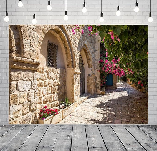 7x5ft Fabric Old Stone Street Backdrop Jerusalem Ancient Narrow Street with Blooming Flowers Israel Background Ancient Stone Wall Backdrop Photoshoot Studio Props
