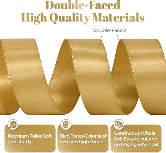 Light Gold Satin Ribbon, Double Faced 7/8 Inch X 50 Yards Light Gold Ribbon, Premium Satin Ribbon for Gift Wrapping, Crafts, Hair Bow Making, Sewing, Flower Bouquet, Wedding Party Decor
