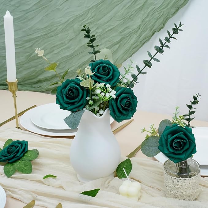 Artificial Flowers, 100pcs Hunter Green Artificial Rose for DIY Wedding Bouquets Centerpieces Arrangements, Fake Flower with Stem for Wedding Shower Party Tables Home Decorations