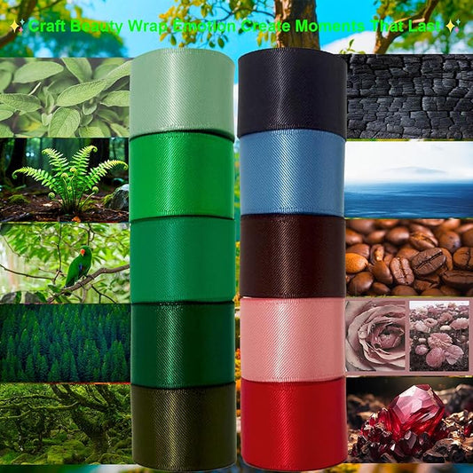 Green Satin Ribbon 1 Inch, 50 Yards Double Faced Pack,10 Natural Colored Ribbon Bulk for Gift Wrapping, Crafts, Flower Bouquet, Christmas, Eco Environment, Earthy Day, Forest Wedding