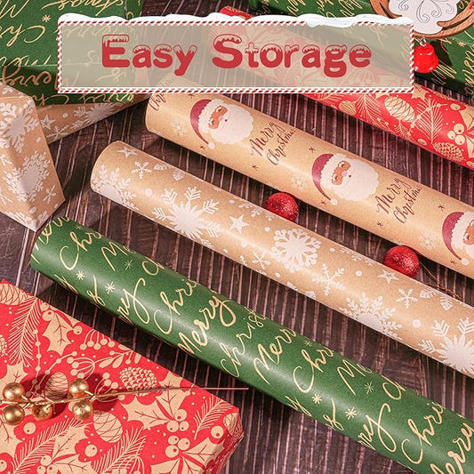 Happypapa Christmas Wrapping Paper, Kraft Xmas Wrapping Paper Rolls - Santa Claus, Trees, Snowflakes and Merry Christmas Pattern - 4 Rolls - 17 Inch × 120 Inch Per Roll