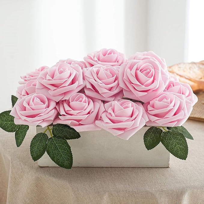 Artificial Flower Foam Rose 25pcs Real Looking Fake Rose with Stems Leaves for Home Decoration Party Garden Centerpieces DIY Wedding Bouquets(Light Pink)