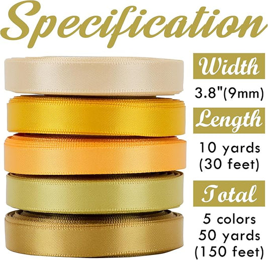 HUIHUANG Thin Satin Ribbon 3/8 inch - 5 Rolls Total 50 Yards Assortment Champagne, Golden Yellow, Vegas Gold & Pale Gold for Gift Wrapping, Craft & Decorations