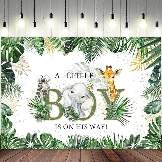 12x8ft Baby Shower Backdrop A Little Boy is On His Way Photography Background Jungle Animals Elephant Giraffe Green Gold Leaves Kids Party Banner Decorations Newborn Parties Photo Booth Prop