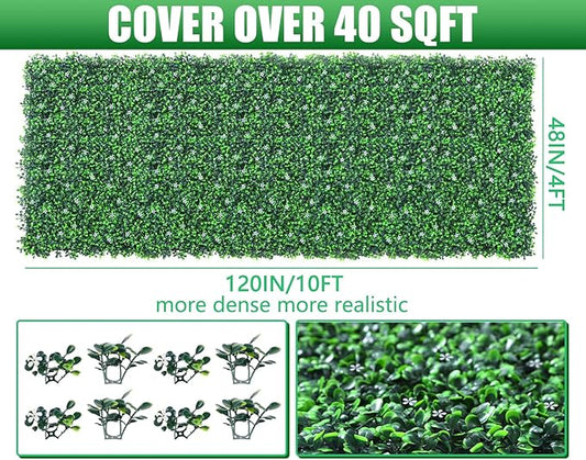 48"x 120"(40 sq.ft) Artificial Boxwood Roll Panels with Flowers, UV-Anti Faux Ivy Leaves Privacy Fence Screen, Grass Wall Roll Panels for Indoor Home Decor and Outdoor Garden Backyard