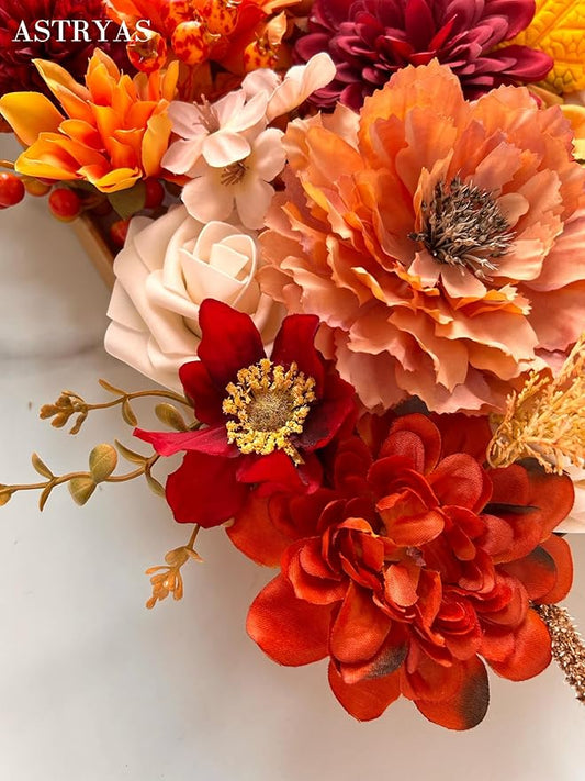 ASTRYAS Burnt Orange Flowers Combo Silk Fake Flowers Combo with Stems for DIY Wedding Bouquets Bridal Shower Centerpieces Party Decorations Thanksgiving Day