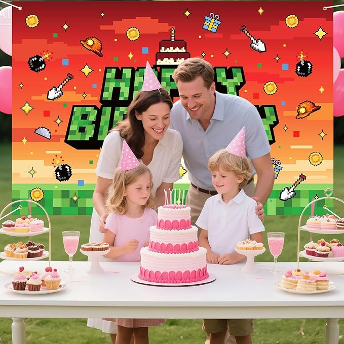 Pixel Theme Birthday Backdrop, 150x100cm/5x3ft Polyester Pre-Drilled Video Game Happy Birthday Banner Backdrop for Boys Girls Themed Party Favors & Decor Supplies