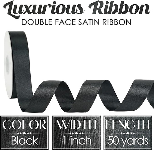 MEEDEE Black Ribbon 1 Inch Black Satin Ribbon Lux Double Faced Satin Ribbons by 50 Yards Polyester Wrapping Ribbons for Crafts, Weddings, Flower Bouquet, Holiday Decorating