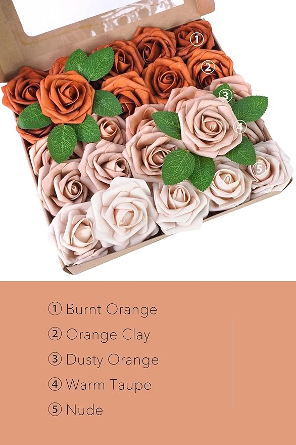 25Pcs Artificial Foam Roses 3 Inch, Terracotta Sunset Palette with Burnt Orange & Nude Shades, Realistic Flowers for DIY Boho Wedding Bouquets, Centerpieces, Fall Decor