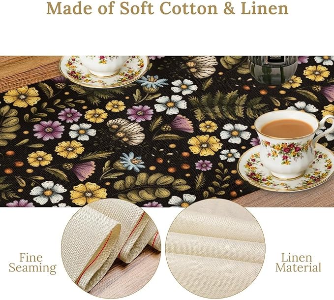 Vintage Flower Table Runner, Rustic Farmhouse Colourful Botanical Flowers Fern Print Kitchen Dining Table Decor Seasonal Home Decoration Indoor Outdoor Party, 13x108inch