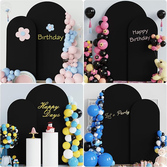 Putros Metal Arch Stand with Cover Set of 2 Black Spandex Fitted Wedding Arch Cover and Round Top Chiara Backdrop Stand for Birthday Party Baby Shower Decoration 7.2FT, 6FT