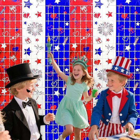 4th of July Decorations, 2 Packs 3.3x6.6ft 4th of July Photo Backdrop Streamer,Red White and Blue Tinsel Foil Fringe Curtains for Independence Day, America Patriotic, Memorial Day, Labor Day