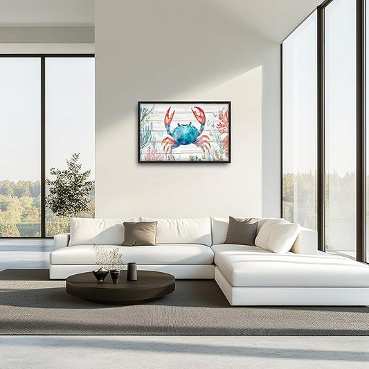 Crab with Coral Large Decor Framed Wall Art Ocean Pictures for Living Room, Nautical Oversized Canvas Print Painting Modern Extra Large Framed Artwork for Bedroom Office Home Decor 36"x24"