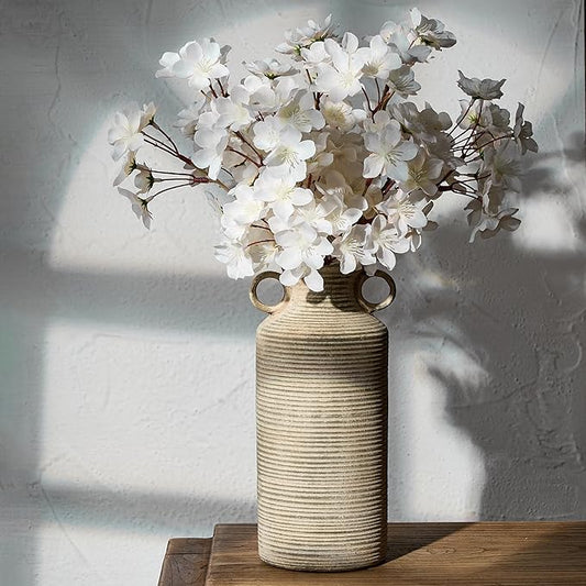 Ceramic Rustic Vase with 2 Round Handles, Antique Farmhouse Flower Vase, Vintage Terracotta Vases for Home Decor, Wedding, Living Room, Table, Shelf Decor - 10.2 Inch Tall, Terra