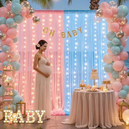 10ft x 8ft Pink Blue Tulle Photo Backdrop Curtain with Lights String for Gender Reveal Sheer Curtain Back Drop Baby Shower Backdrop for Boy or Girls Birthday Party Photo Booth Background Decorations