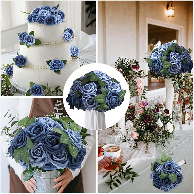 100 Pieces Artificial Foam Rose Flowers Faux Bouquet with Leaves and Stems for DIY Wedding Bouquets Centerpieces Bridal Shower Party Valentine Home Decorations(Dusty Blue Shades)