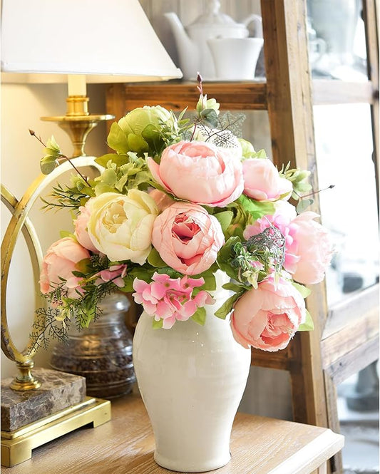 FiveSeasonStuff 2 Bundles Pink Beige Green (Spring Waltz) Peonies Artificial Flower Bouquet