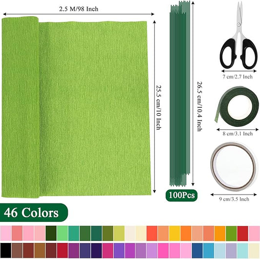 46 Colors Crepe Paper Rolls, 10 x 98 Inch Wide Crepe Paper Flowers Kit with 100 Pcs Floral Iron Wire, Floral Band, Double-Sided Tape, and Scissors for DIY Gifts, Parties, Weddings, Festival Decoration