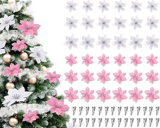 WILLBOND 24 Pcs 3 Size Poinsettia Flower Artificial Christmas Decor Glitter Poinsettia Christmas Ornaments Faux Flowers for Xmas Tree Outdoor(3.2/4/6 Inches,Pink and Silver)
