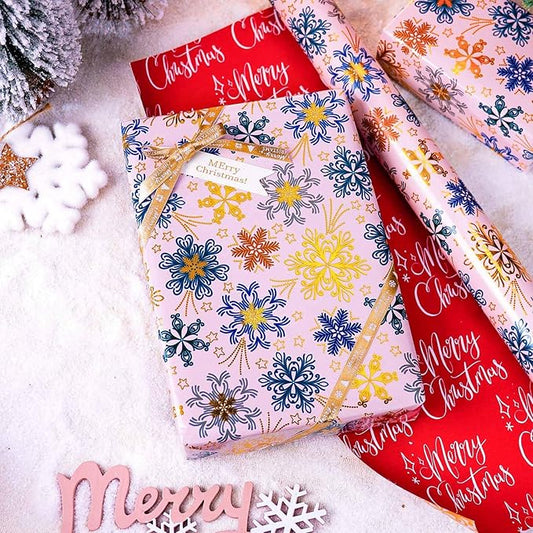 MAYPLUSS Christmas Wrapping Paper - 17 Inch X 33 Feet - Gold Snowflakes Against Pink Reversible Merry Christmas Gift Wrapping Paper, Metallic Foil Thick Gift Wrap Paper for Holiday Party New Year Kids