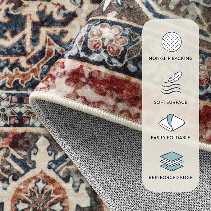 Lahome Oriental Washable Rugs for Living Room, 5x7 Area Rugs for Bedroom Ultra-Thin Non-Slip, Stain Resistant Vintage Low-Pile Throw Carpet for Dining Room Office, Brick Red